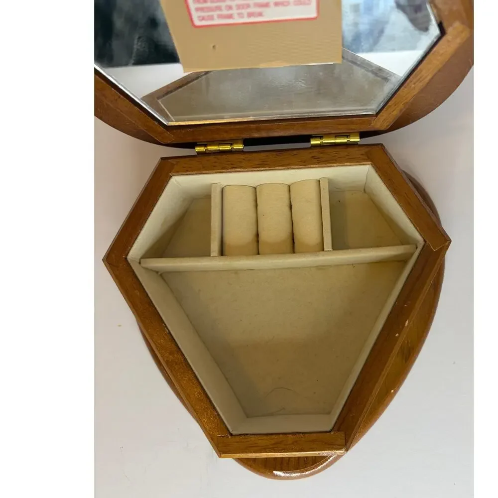 Vintage Heart Shaped Wooden Jewelry Box Floral Needlepoint Trinket Box